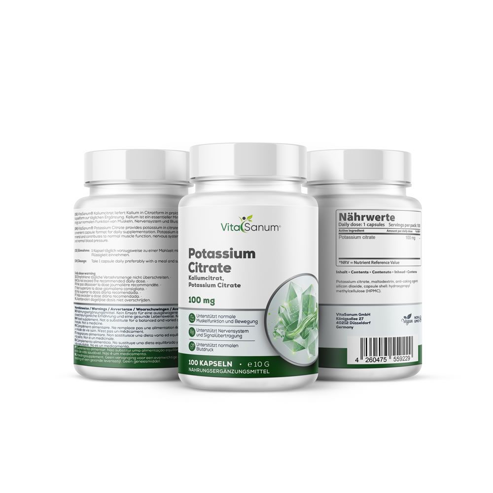 Drie witte flessen VitaSanum Kaliumcitraat. Opschrift: 100 mg, 100 capsules, e 10 G. Groen-witte productafbeelding.