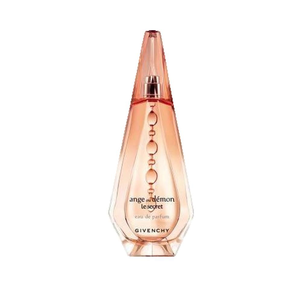 Flacon de parfum rose transparent en forme de goutte. Inscription : Ange ou Démon le secret, Eau de Parfum, GIVENCHY.