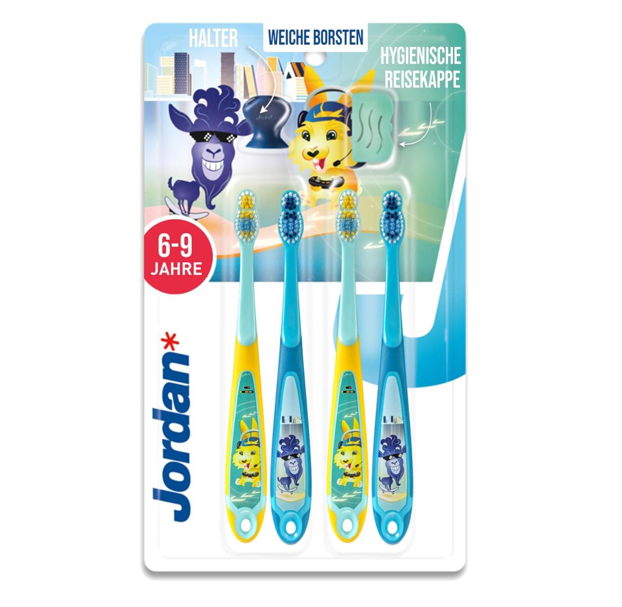 Emballage de quatre brosses à dents pour enfants. Manches bleus, jaunes et turquoise avec des personnages d'animaux. Logo "Jordan".