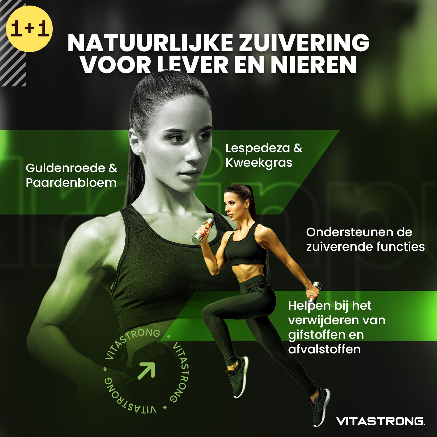 Vrouw met Vitastrong Drainpure. Tekst: Natuurlijke reiniging voor lever en nieren. Ingrediënten.