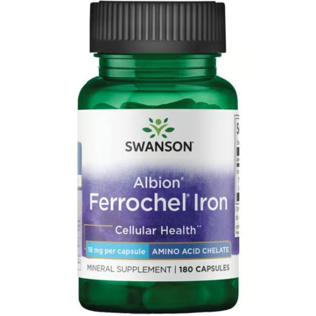 Flacon vert avec bouchon noir. Inscription: SWANSON Albion Ferrochel Iron, 18 mg par capsule, 180 capsules.
