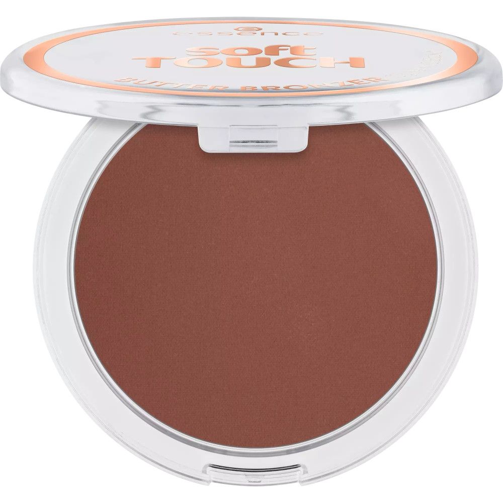 Bronzer beurre rond dans un boîtier blanc avec couvercle transparent. "Soft Touch Butter Bronzer" est écrit sur le couvercle.