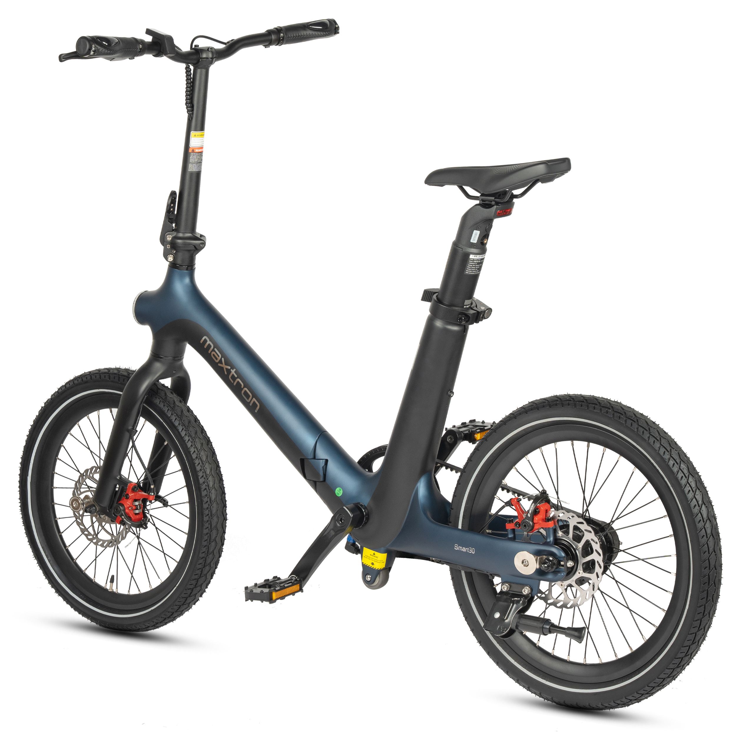 Opvouwbare elektrische fiets met blauw frame. MAXTRON-logo zichtbaar. Zwarte banden, zadel en stuur.