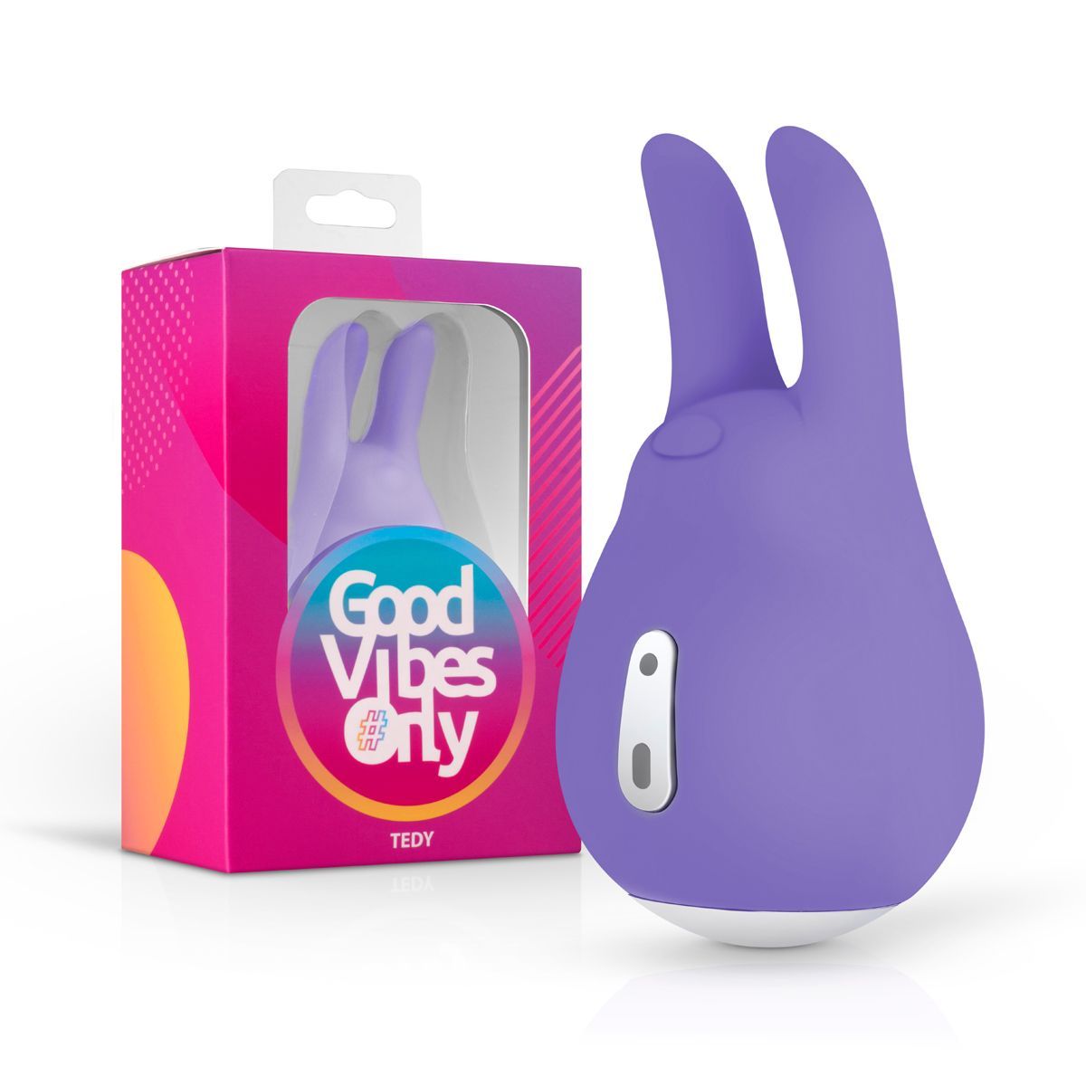 Paarse vibrator met konijnenoren, met verpakking. Merk: Good Vibes Only, model: Tedy. Roze-paarse verpakking.