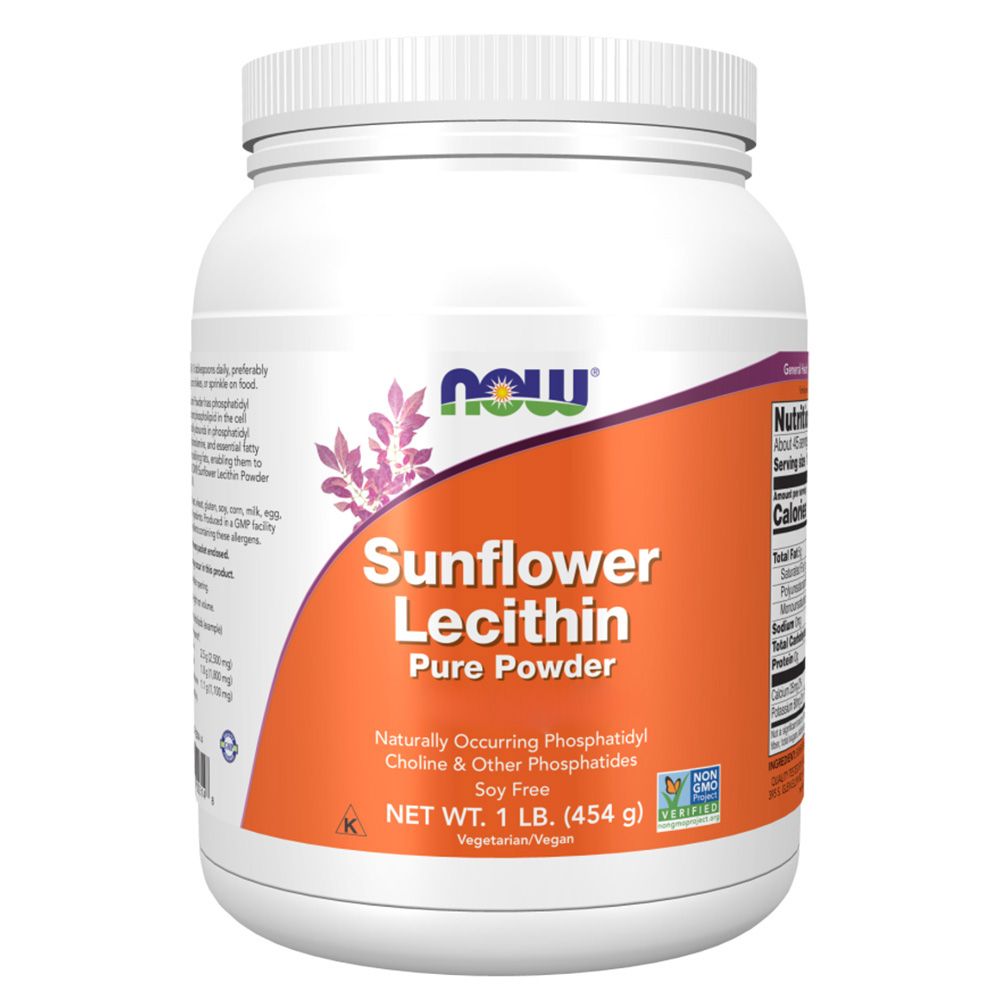 Récipient blanc avec étiquette orange. Inscription: Sunflower Lecithin Pure Powder. Marque: NOW. Végétarien.