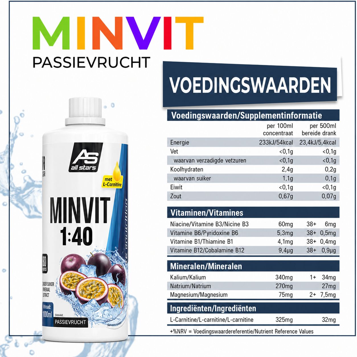 Meerdere flessen All Stars MINVIT 1:40 met fruitillustraties en iconen.