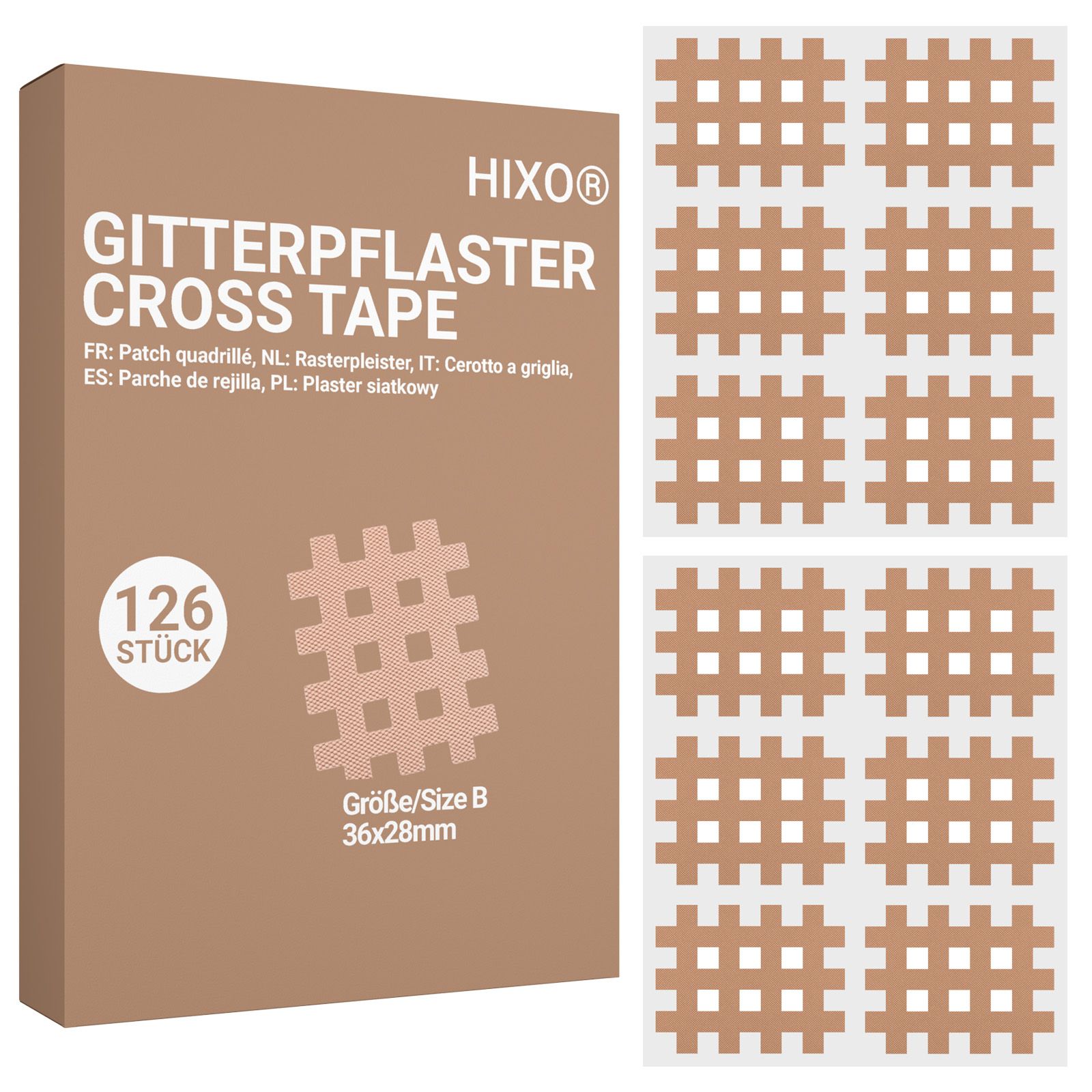 Pack HIXO Gitterpflaster Cross Tape, 126 pièces, taille B (36x28mm). Patchs en forme de grille.