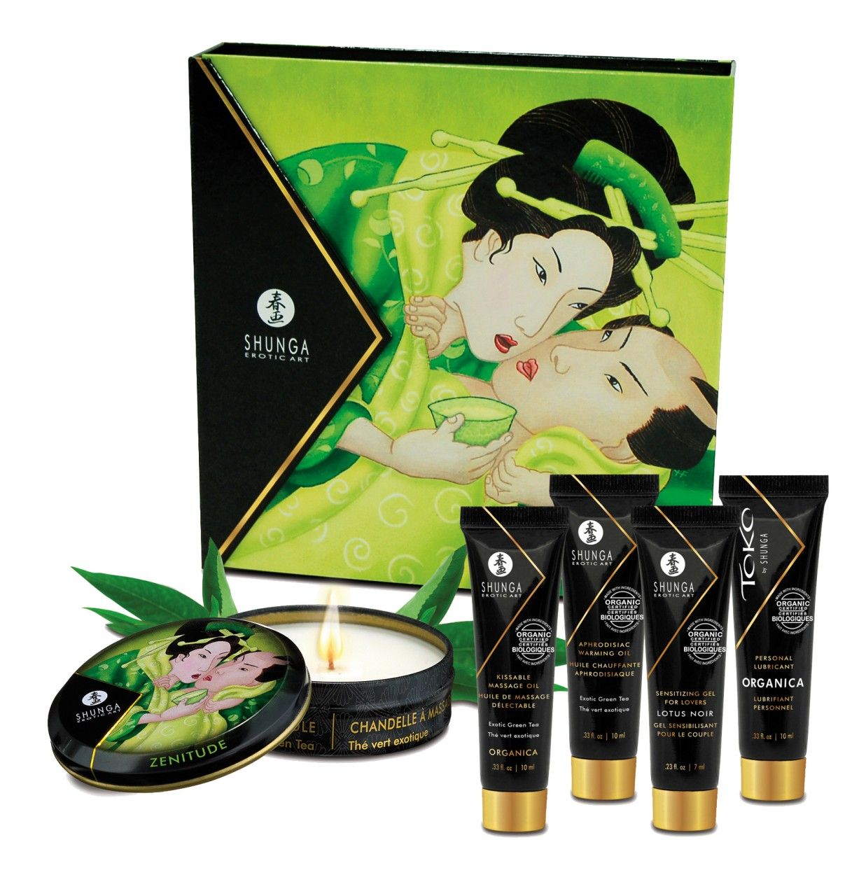 Geschenkset met meerdere producten. Bevat tubes, een kaars en een doos. Geisha-motief op de verpakking.
