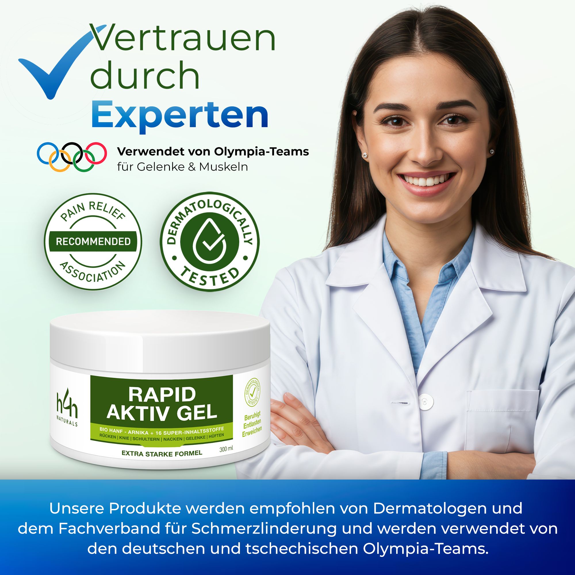 Witte pot met groen etiket. Tekst: Rapid Aktiv Gel. Logo's: Pain Relief Association, Dermatologisch getest. Vrouw in witte jas.