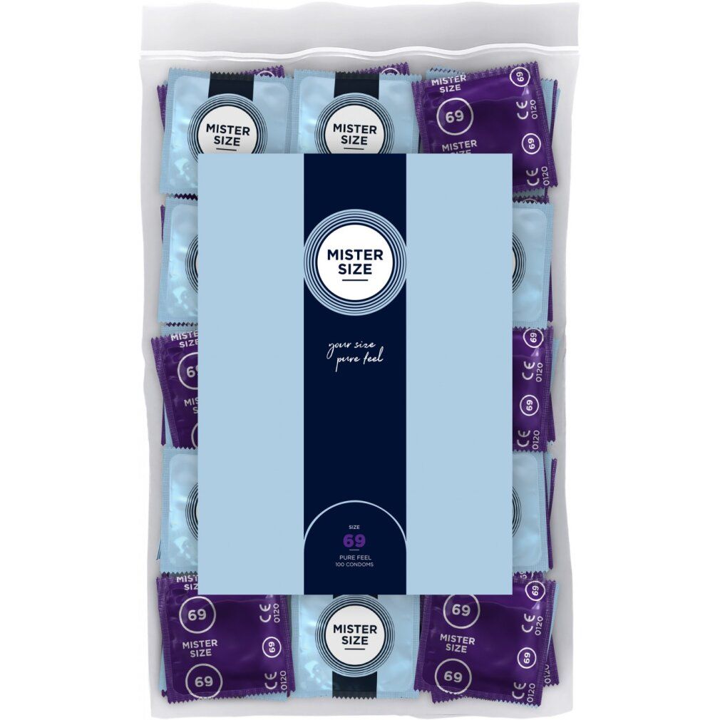 Paquet de préservatifs. Visible : Mister Size, 69. Préservatifs emballés individuellement dans du film plastique, dans un sac transparent.
