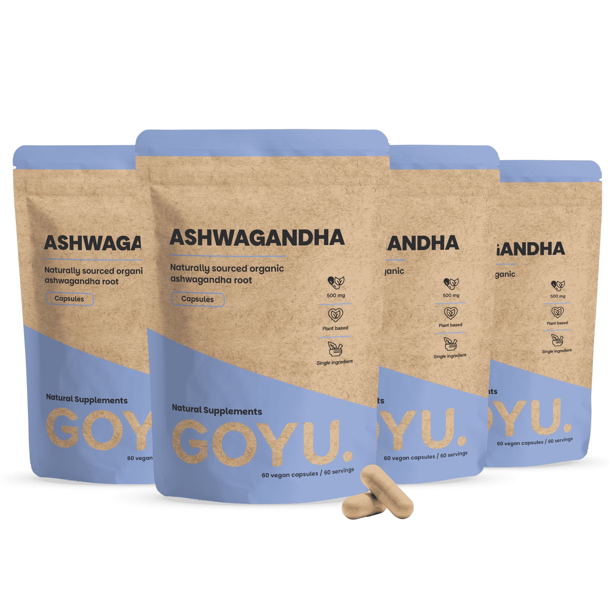 Quatre paquets de gélules d'Ashwagandha de GOYU.YU. Compléments alimentaires naturels, 60 gélules végétaliennes par paquet.