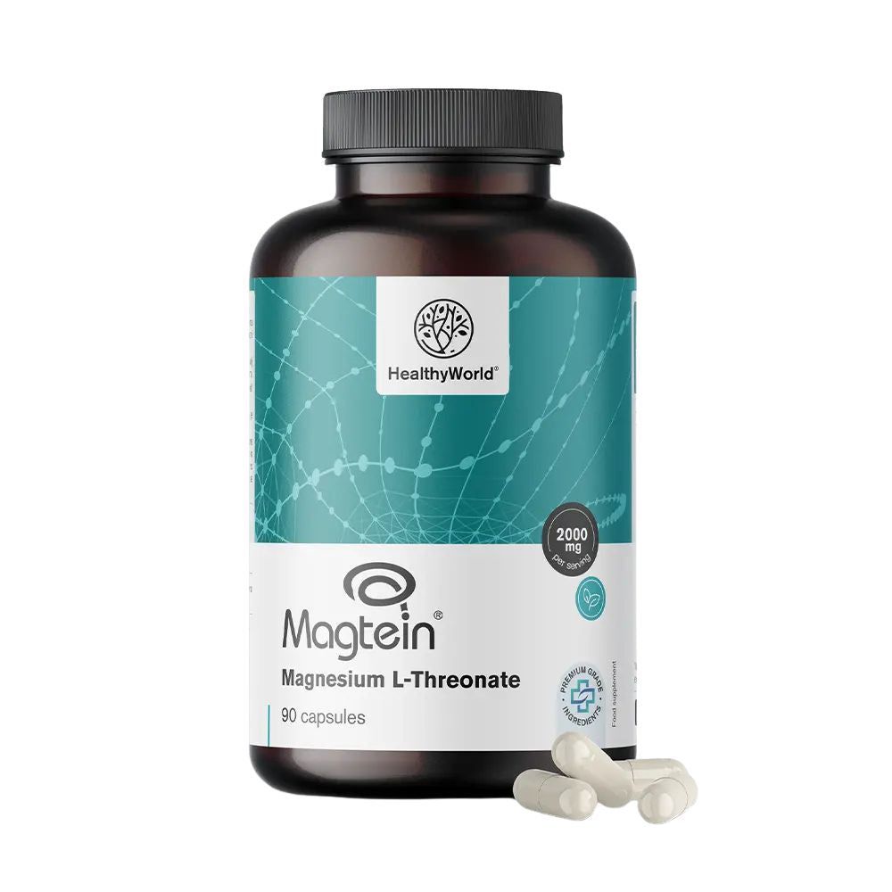 Flacon brun avec capsules blanches. Inscription: HealthyWorld, Magtein Magnesium L-Threonat, 2000 mg, 90 capsules.
