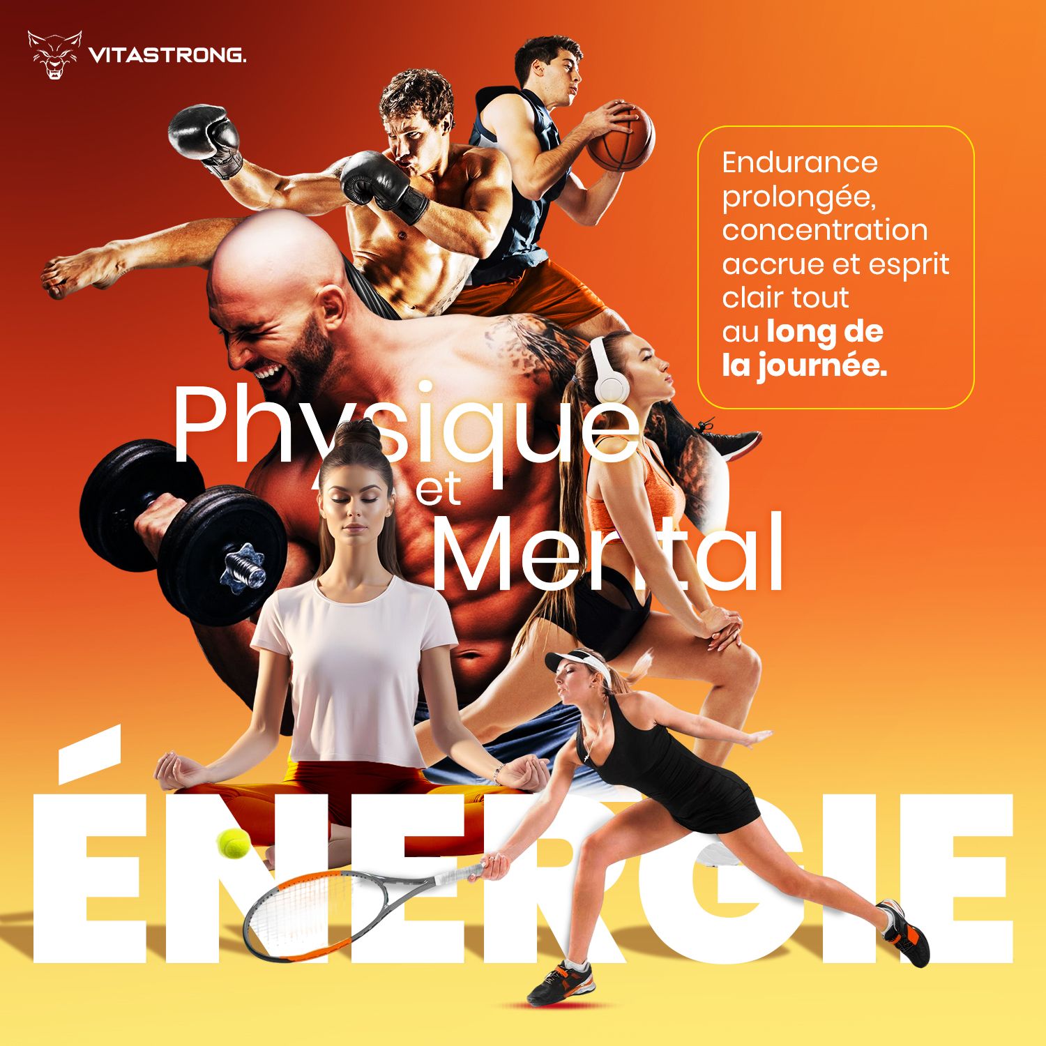Vitastrong Energy Orange. Afbeelding met atleten. Tekst: Fysieke en mentale energie.