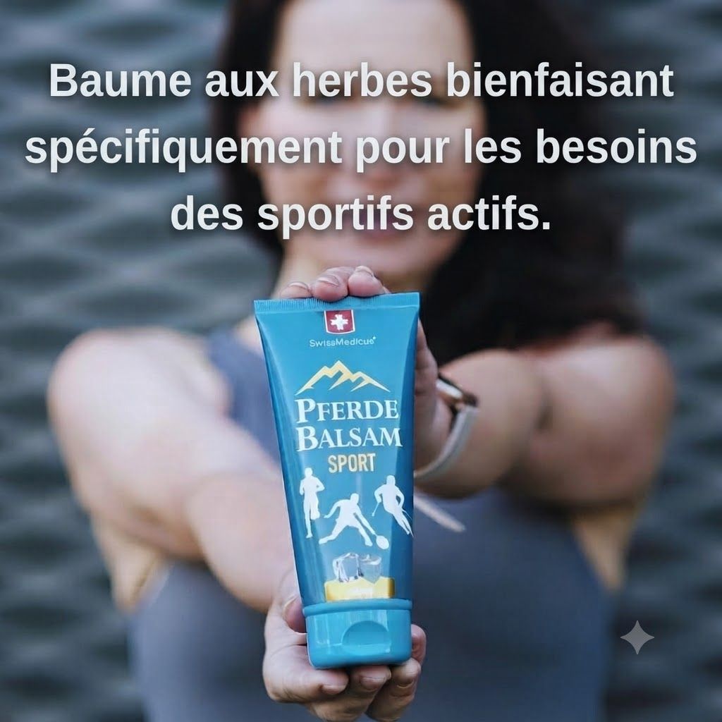 Tube turquoise avec inscription "Pferde Balsam Sport", motif de montagne et silhouettes de sportifs.