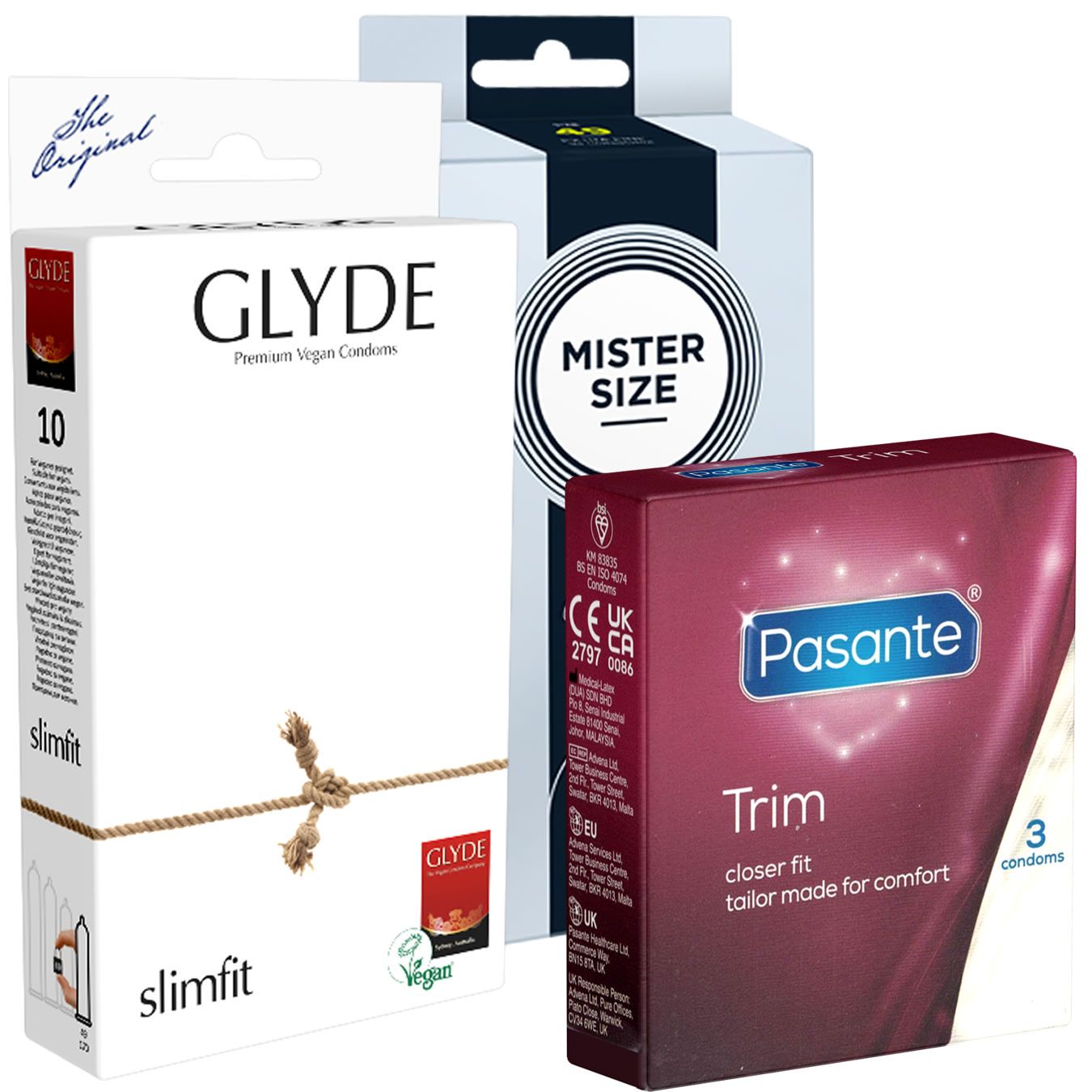 Drie condoomsverpakkingen. Merken: Glyde, Mister Size en Pasante. Glyde: 10 stuks, Slimfit. Pasante: Trim, 3 condooms.