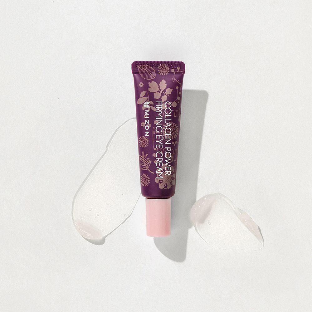 Paarse tube met bloemmotief. Gedrukt: Collagen Power Firming Eye Cream. Merk MIZON. Met crème.