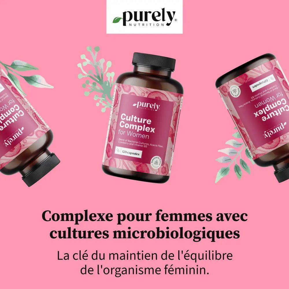 Plusieurs flacons. Inscription : Complexe pour femmes avec cultures microbiologiques. 120 gélules. Marque : purely nutrition.