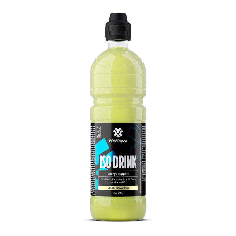 Geel drankje in fles met zwarte dop. Opschrift: ISO DRINK, Energy Support, Lemon Flavour.