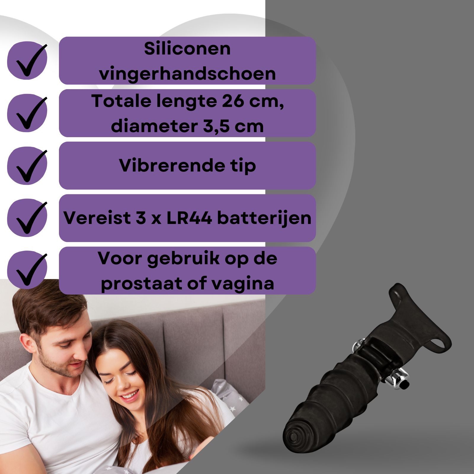 Productafbeelding met tekst: Siliconen vingerhandschoen, 26cm, diameter 3,5cm, vibrerende punt.