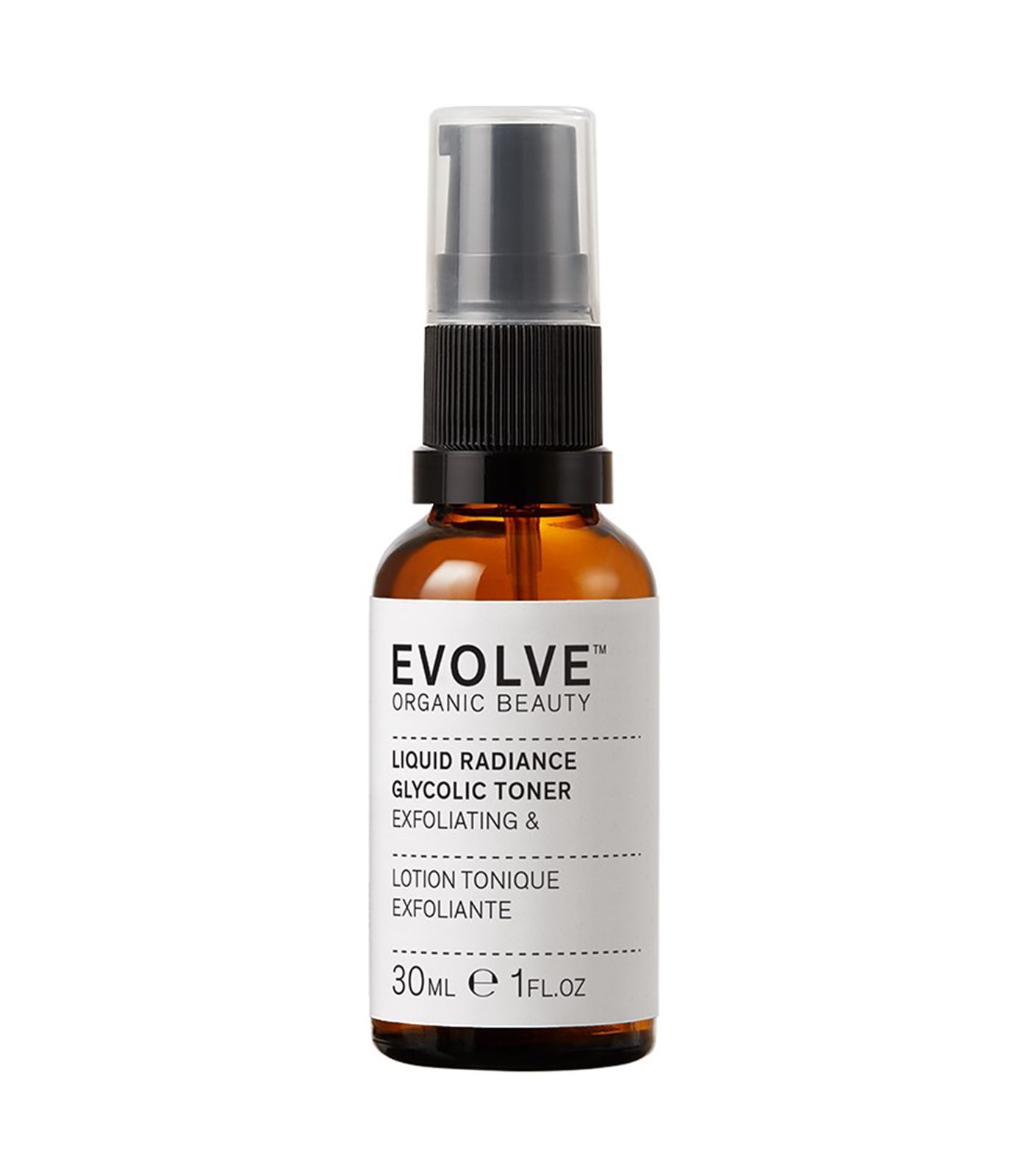 Bruine glazen fles met pompdosering, Evolve Organic Beauty Liquid Radiance Glycolic Toner, 30ml.