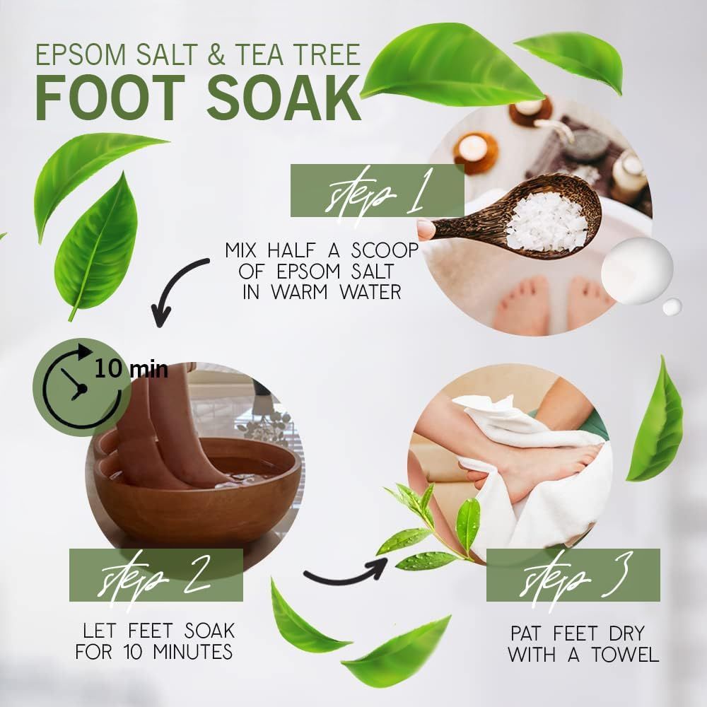 Instructions de soins des pieds. Étapes: 1. Mélanger le sel dans l'eau tiède. 2. Tremper les pieds pendant 10 minutes. 3. Sécher les pieds avec une serviette.