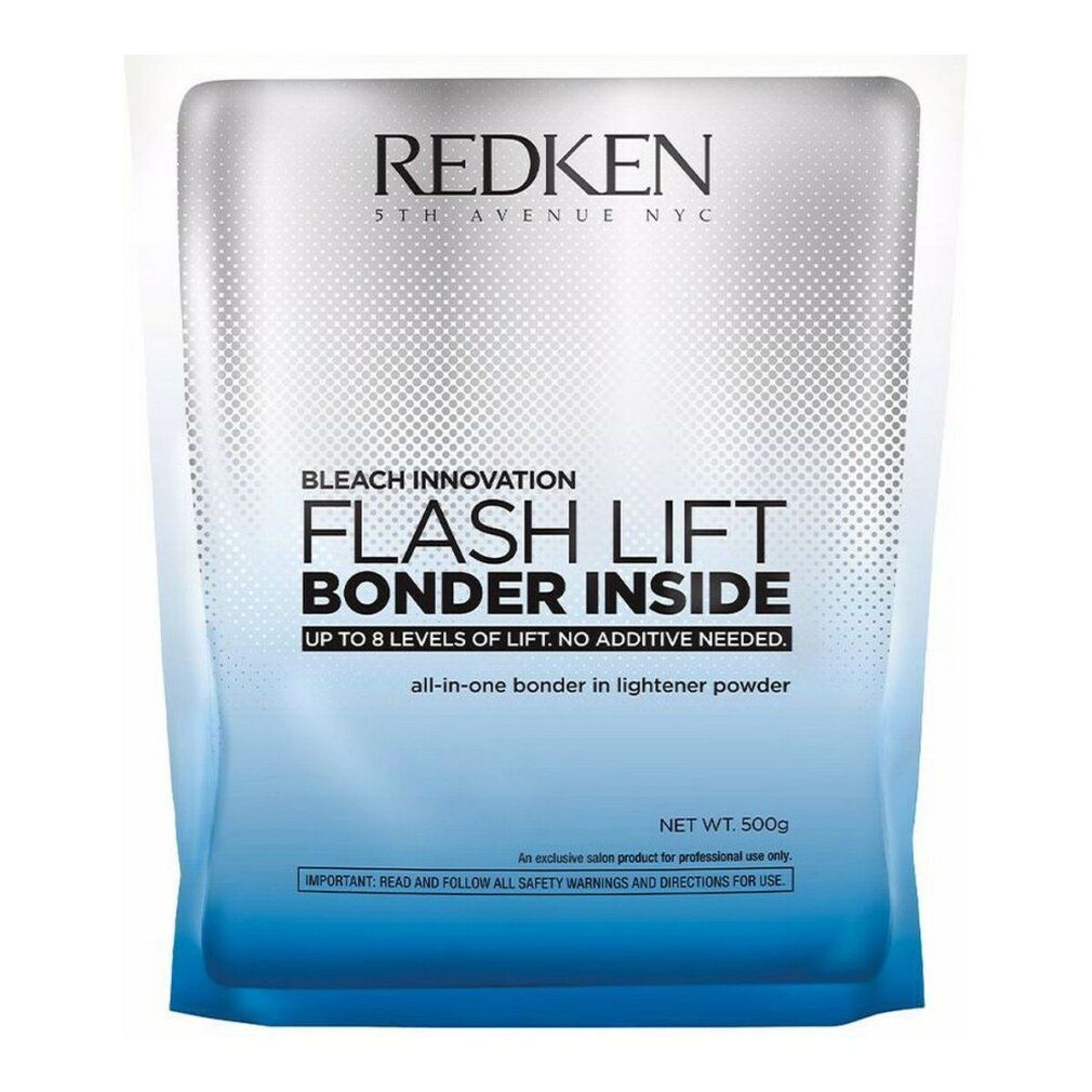 Sachet Redken Flash Lift Bonder Inside. Inscription: Flash Lift Bonder Inside, jusqu'à 8 niveaux d'éclaircissement, aucun additif nécessaire.