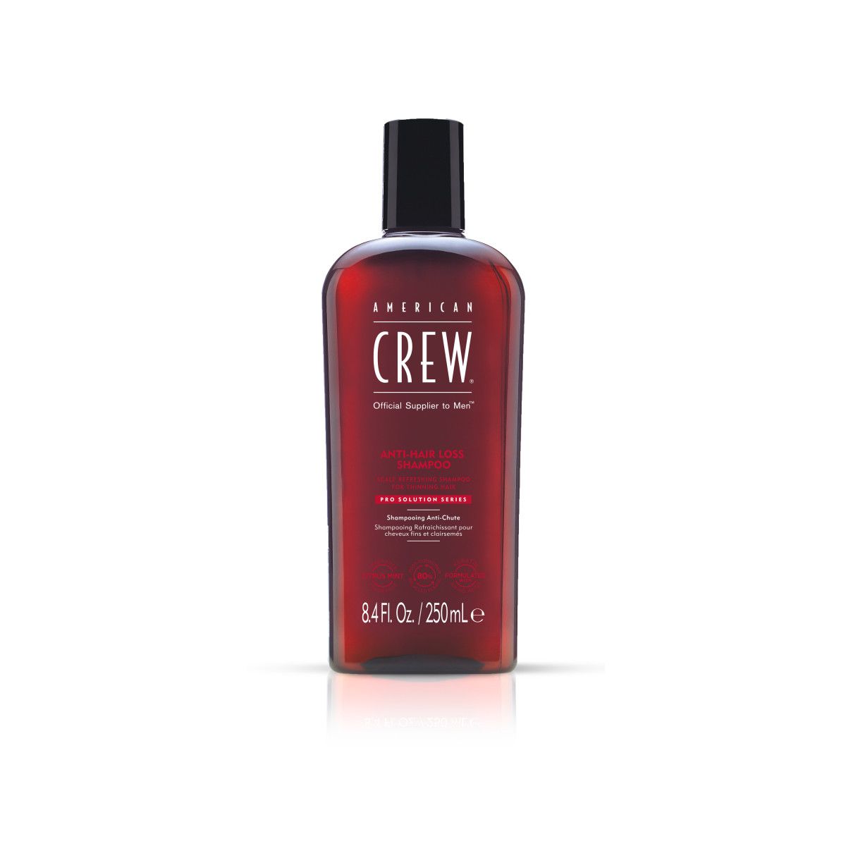 Rode fles met zwarte dop. Opschrift: AMERICAN CREW. Productnaam: Anti-Hair Loss Shampoo. Inhoud: 250ml.