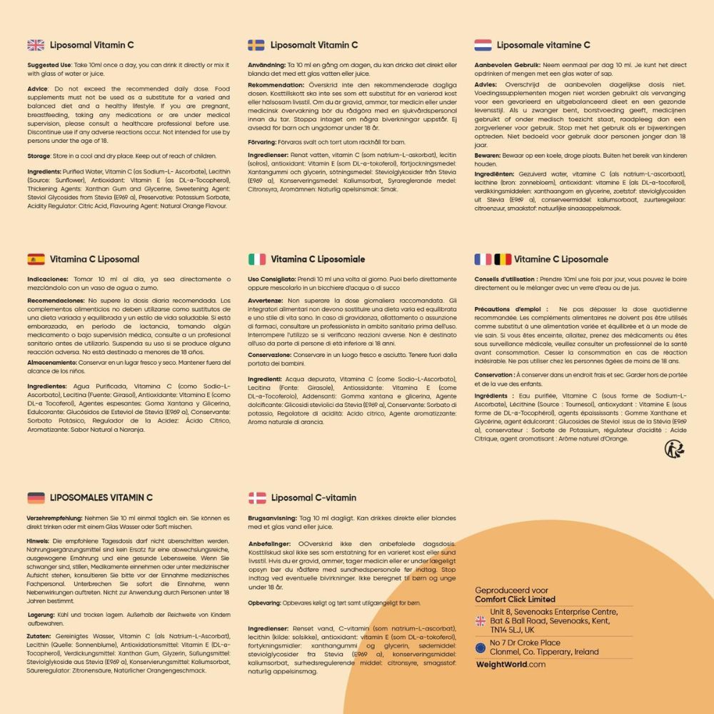 Informations produit multilingues. Vitamine C liposomale. Ingrédients, utilisation, stockage. Différentes langues.