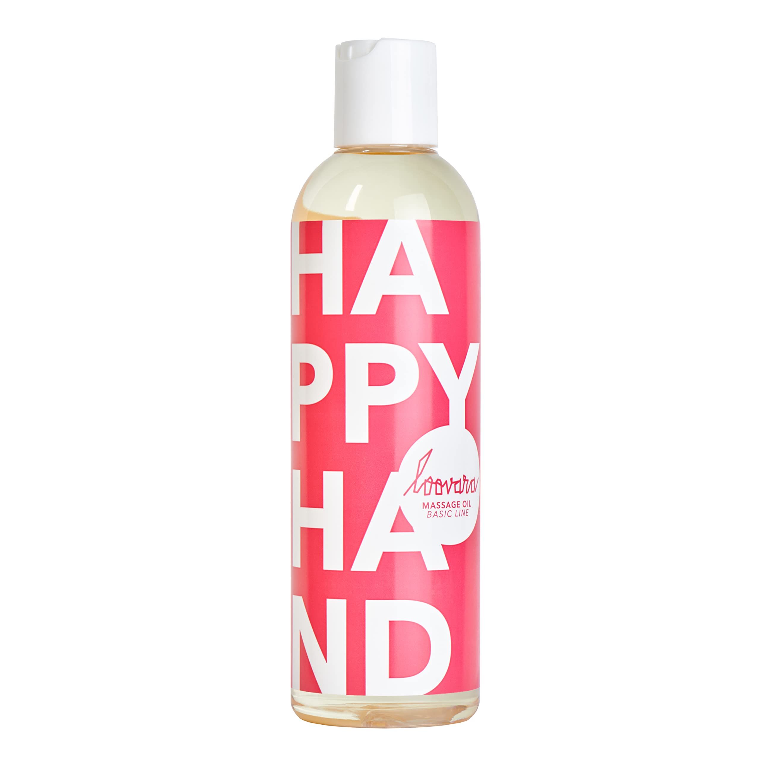 Fles Loovara Happy Hand massageolie met rood label en witte letters, omringd door oliespatten.