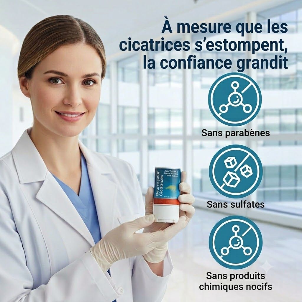 Femme en blouse blanche tenant un tube de traitement des cicatrices. "Sans parabènes", "Sans sulfates", "Sans produits chimiques nocifs" sont indiqués à droite.