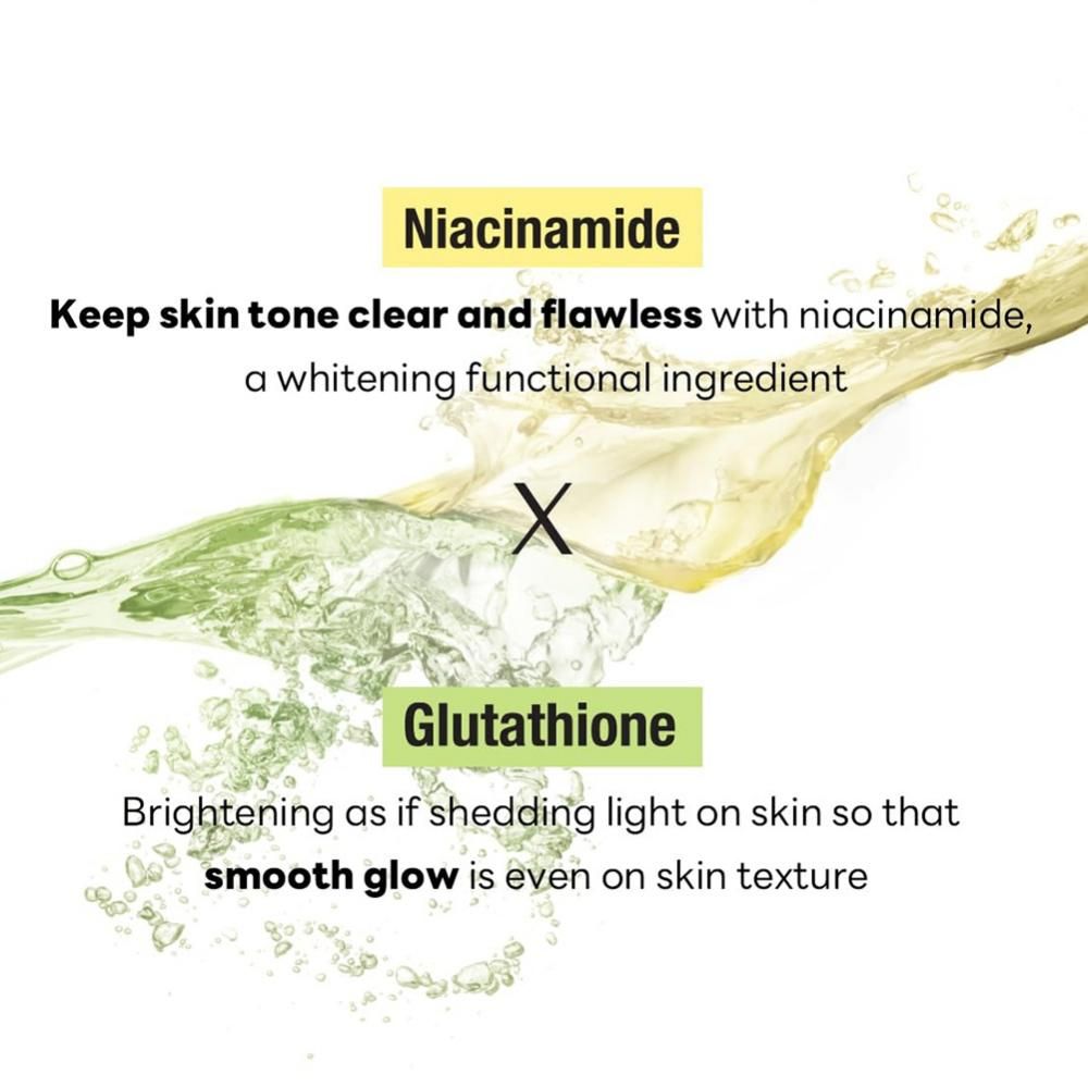 Texte avec les ingrédients Niacinamide et Glutathione. Décrit l'effet sur la peau.