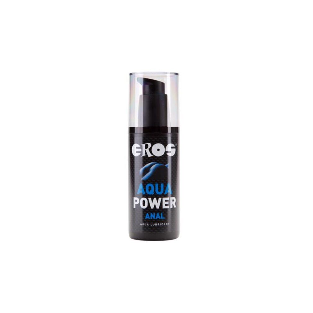 Lubrifiant anal Eros Aqua Power dans un flacon pompe noir avec capuchon transparent.