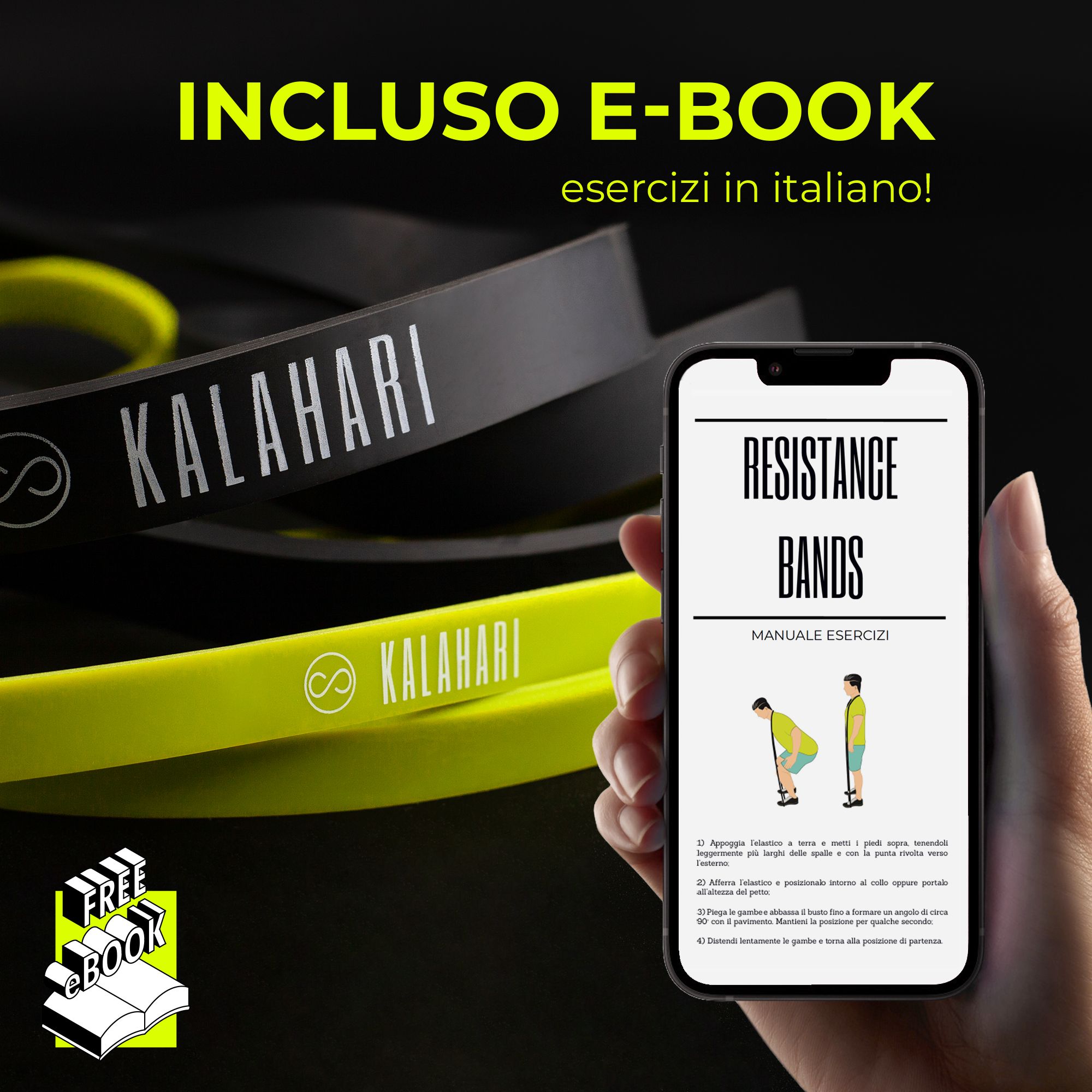 Zwarte en neongroene weerstandsbanden met "KALAHARI"-logo en smartphone met e-book.