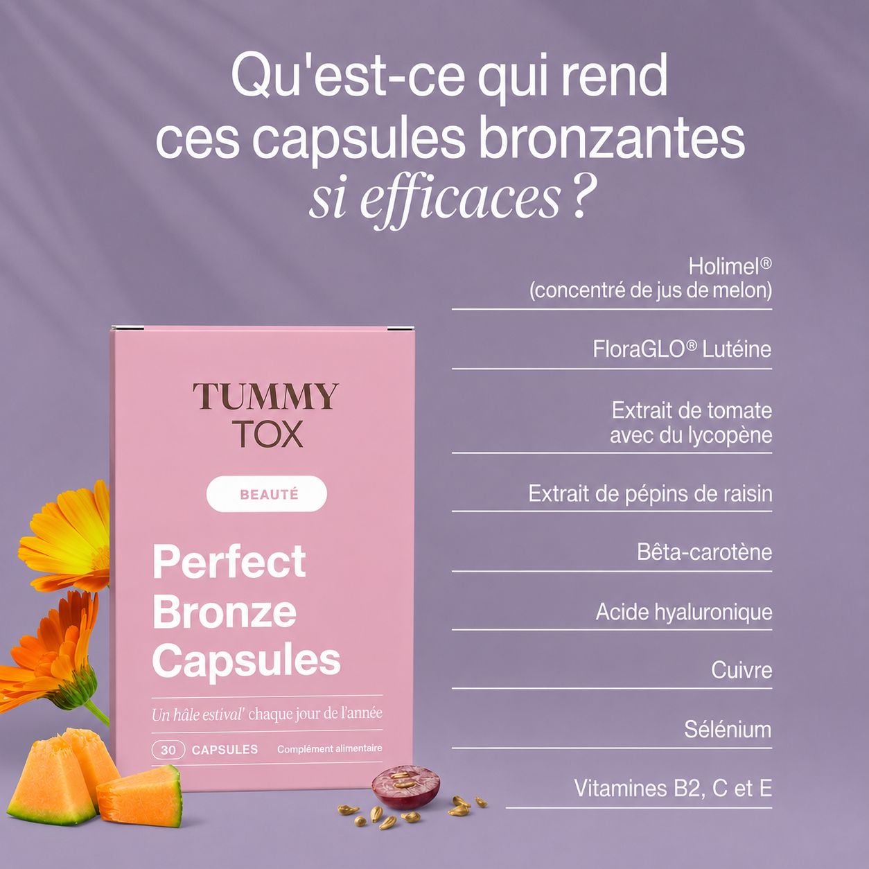 Emballage de Tummy Tox Perfect Bronze Caps avec liste d'ingrédients et fleurs.