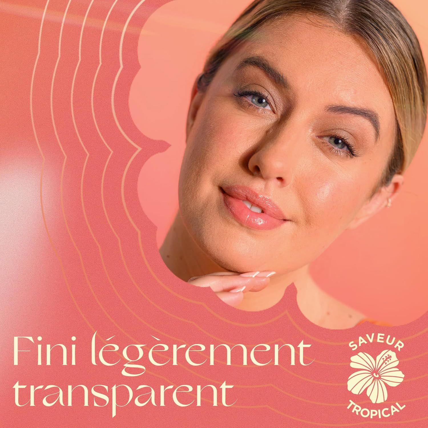 Femme avec un fini légèrement transparent et un logo hibiscus tropical.