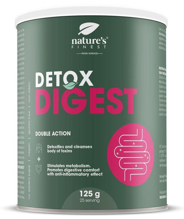 Boîte verte avec couvercle blanc. Inscription: Detox Digest, 125g, 25 portions. Logo: Illustration intestinale.