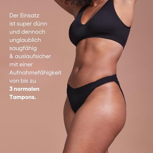 Personne en culotte et soutien-gorge noirs. Texte : Absorption jusqu'à 3 tampons. Description.