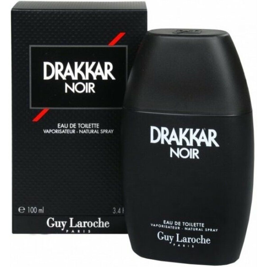Zwarte fles en doos van Drakkar Noir Eau de Toilette Spray. Zwarte fles met witte tekst. Doos met rode lijn.