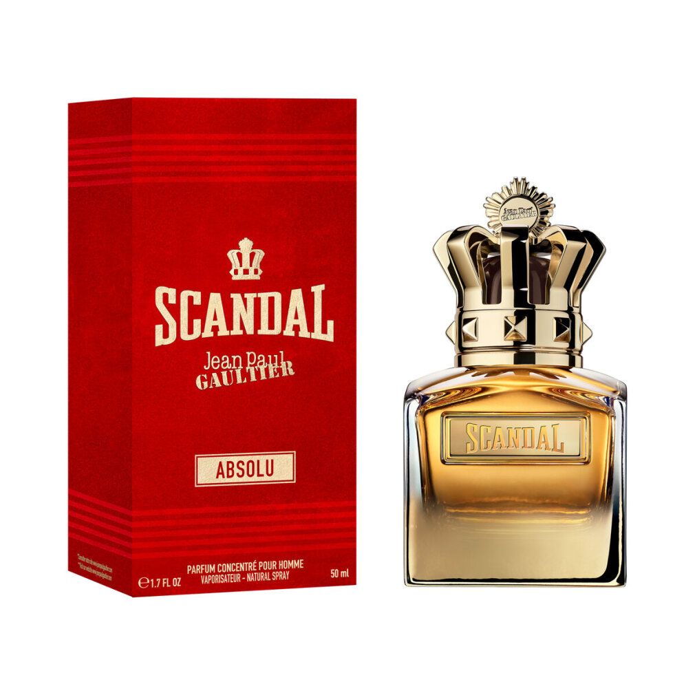 Flacon de parfum avec couronne dorée et boîte rouge. Inscription: Scandal Absolu. 50 ml.