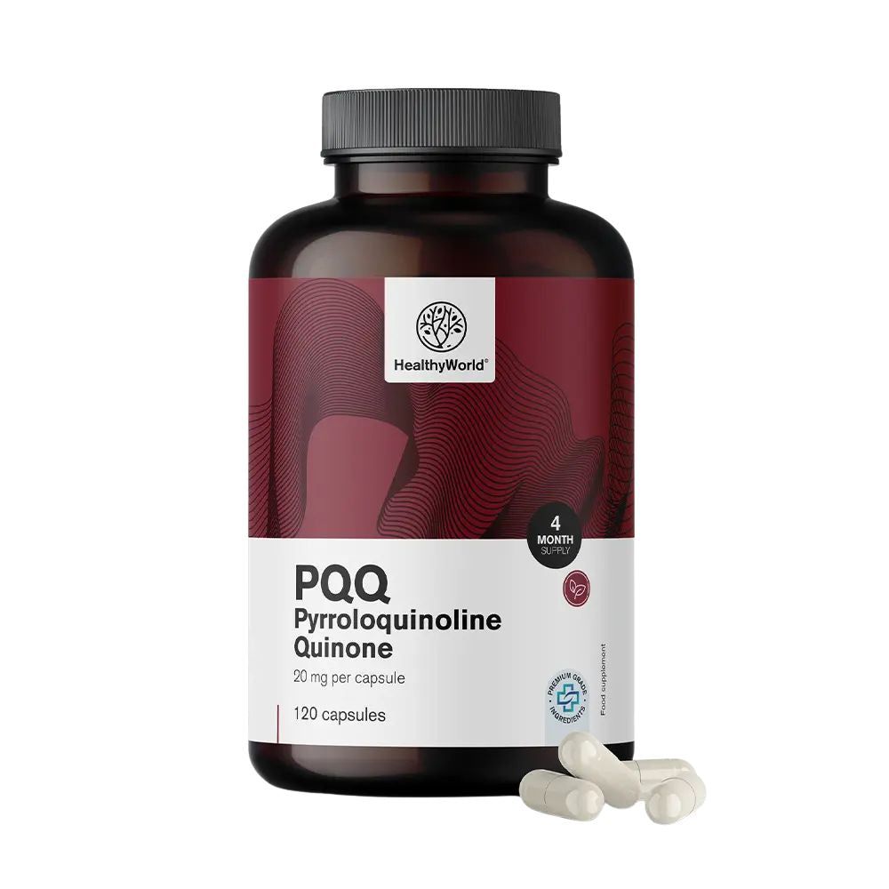 Bruine fles met witte capsules. Opschrift: PQQ Pyrrolochinolinchinon 20 mg, 120 capsules. Merk: HealthyWorld.