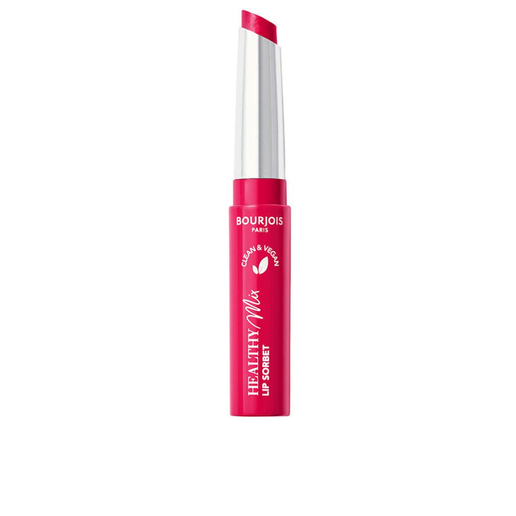 Bourjois Healthy Mix Lip Sorbet, étui rose, capuchon ouvert. Texte : Clean & Vegan. Inscription : Healthy Mix Lip Sorbet.