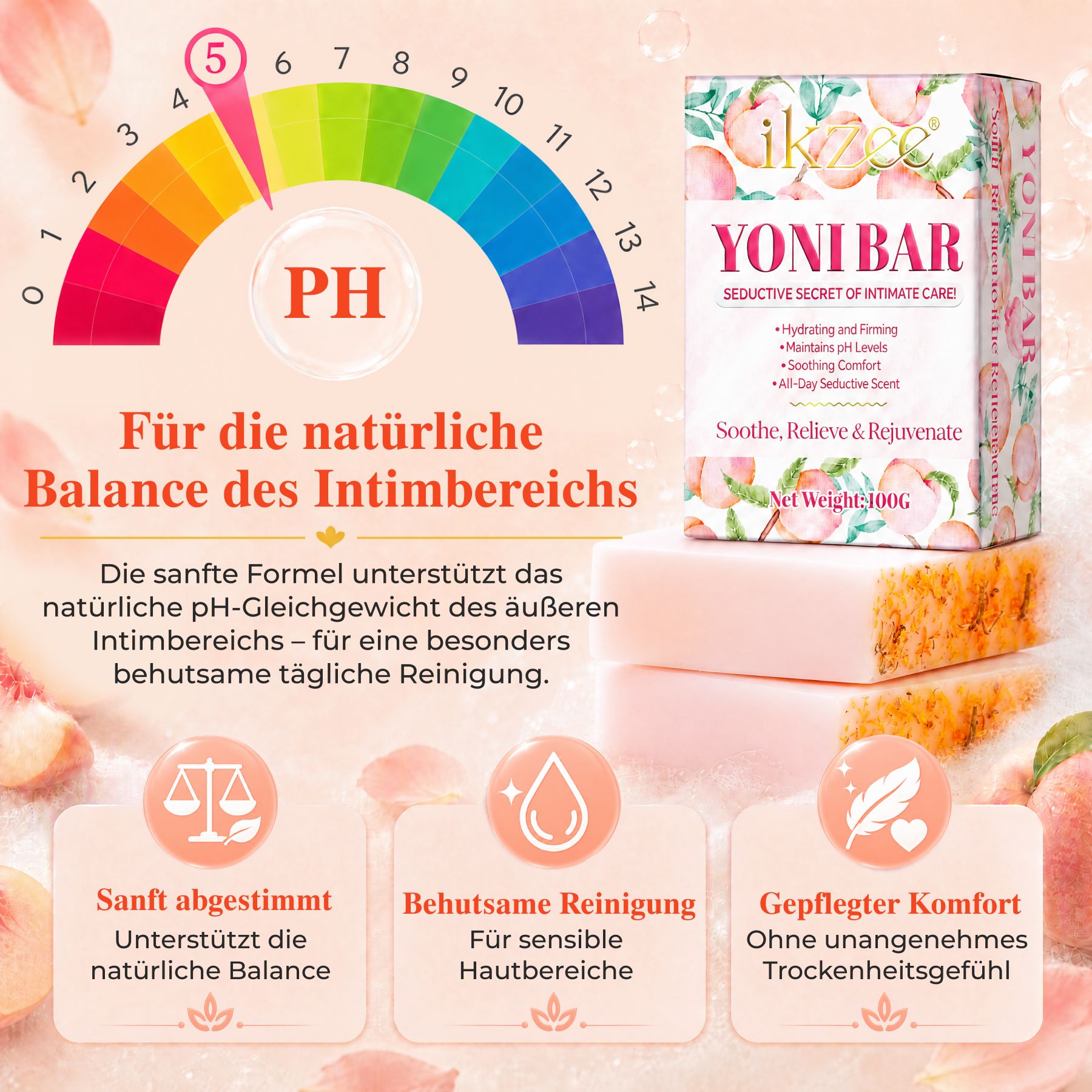 Yoni Bar zeep, 100g. Roze stuk zeep met perzik-design verpakking. pH-schaal op de achtergrond.