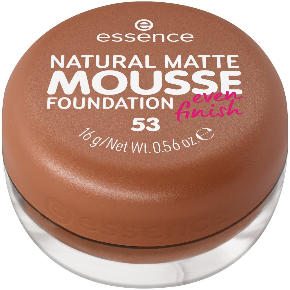 Essence Natural Matte Mousse Foundation, tint 53, in een bruine pot. Productnaam duidelijk zichtbaar.