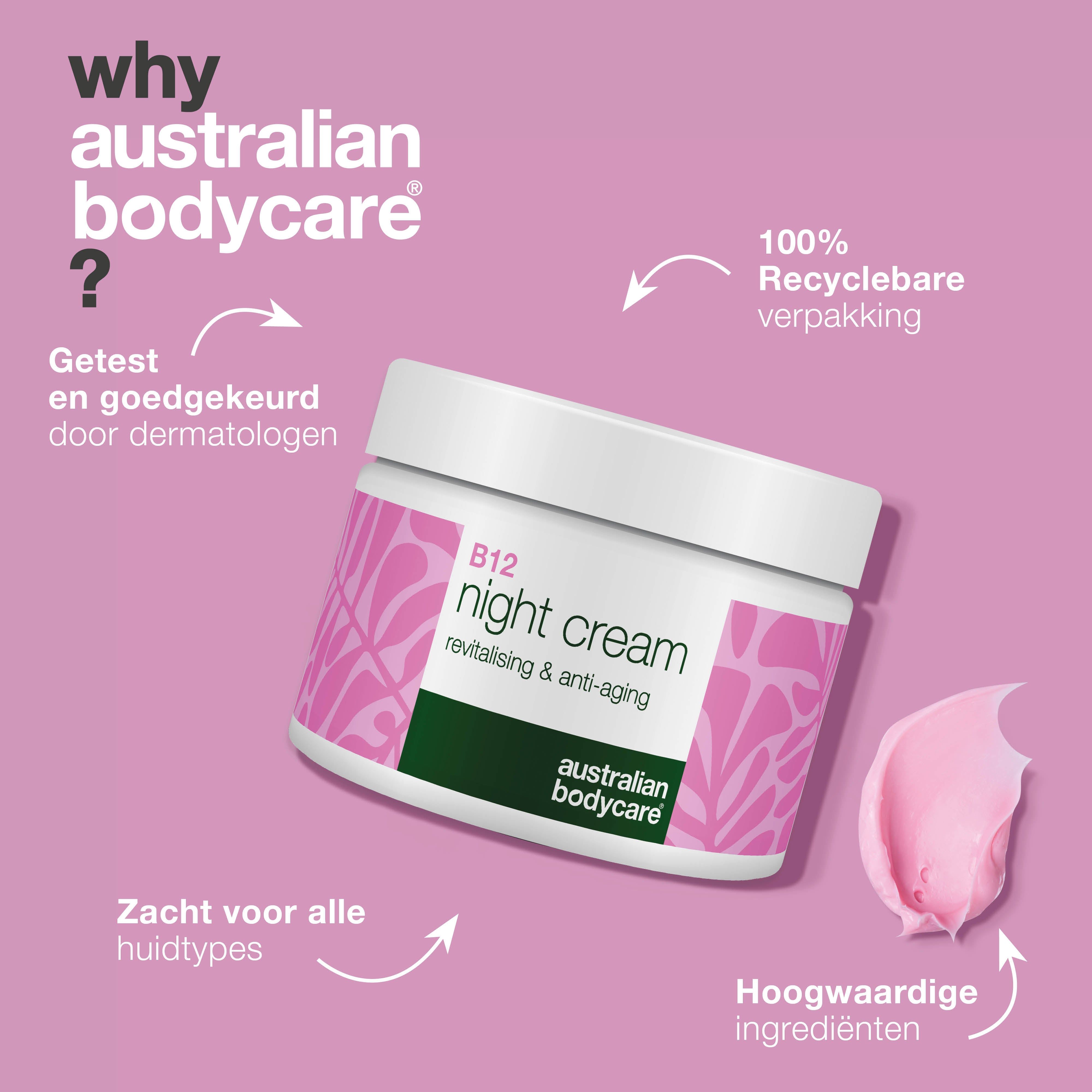 Pot B12 nachtcrème. Tekst: B12 night cream, revitalising & anti-aging. Tekst: Getest en goedgekeurd door dermatologen.