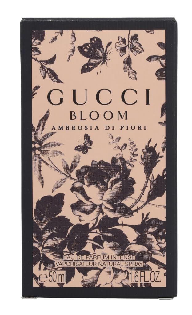 Verpakking Gucci Bloom Ambrosia di Fiori. Bloemenpatroon met vlinders. Opschrift: 50ml, 1.6 FL.OZ.