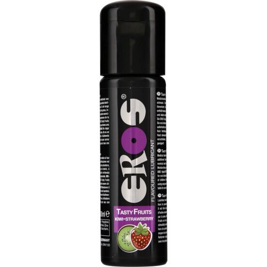 EROS Tasty Fruits Kiwi/Strawberry in zwarte fles met doseerdop. Logo en productnaam.