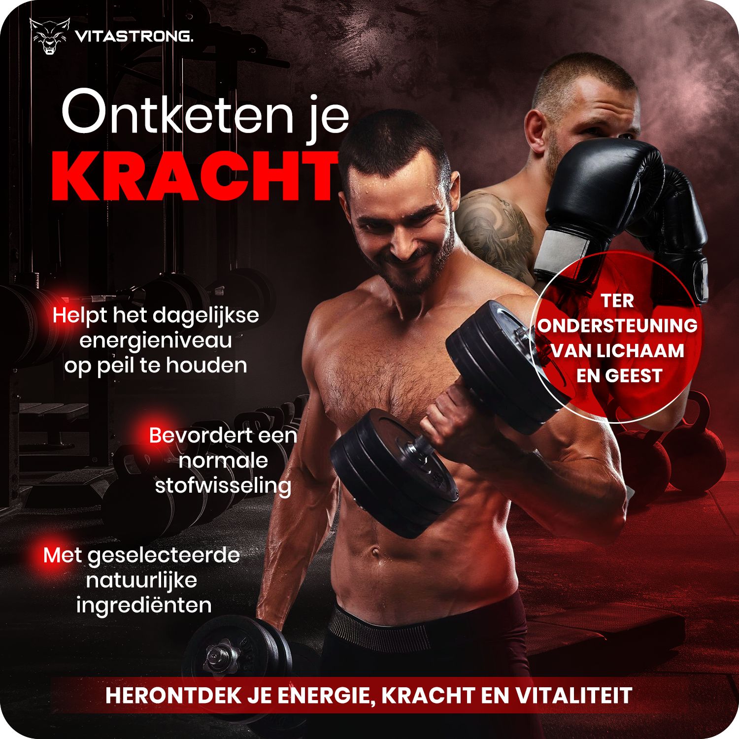 Vitastron. Testo Booster fles met afbeeldingen van mannen die sporten en tekst over energie, kracht en vitaliteit.
