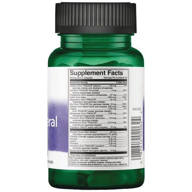 Dos du flacon vert SWANSON Albion Multi-Mineral avec fer. Contient les informations nutritionnelles et les ingrédients.