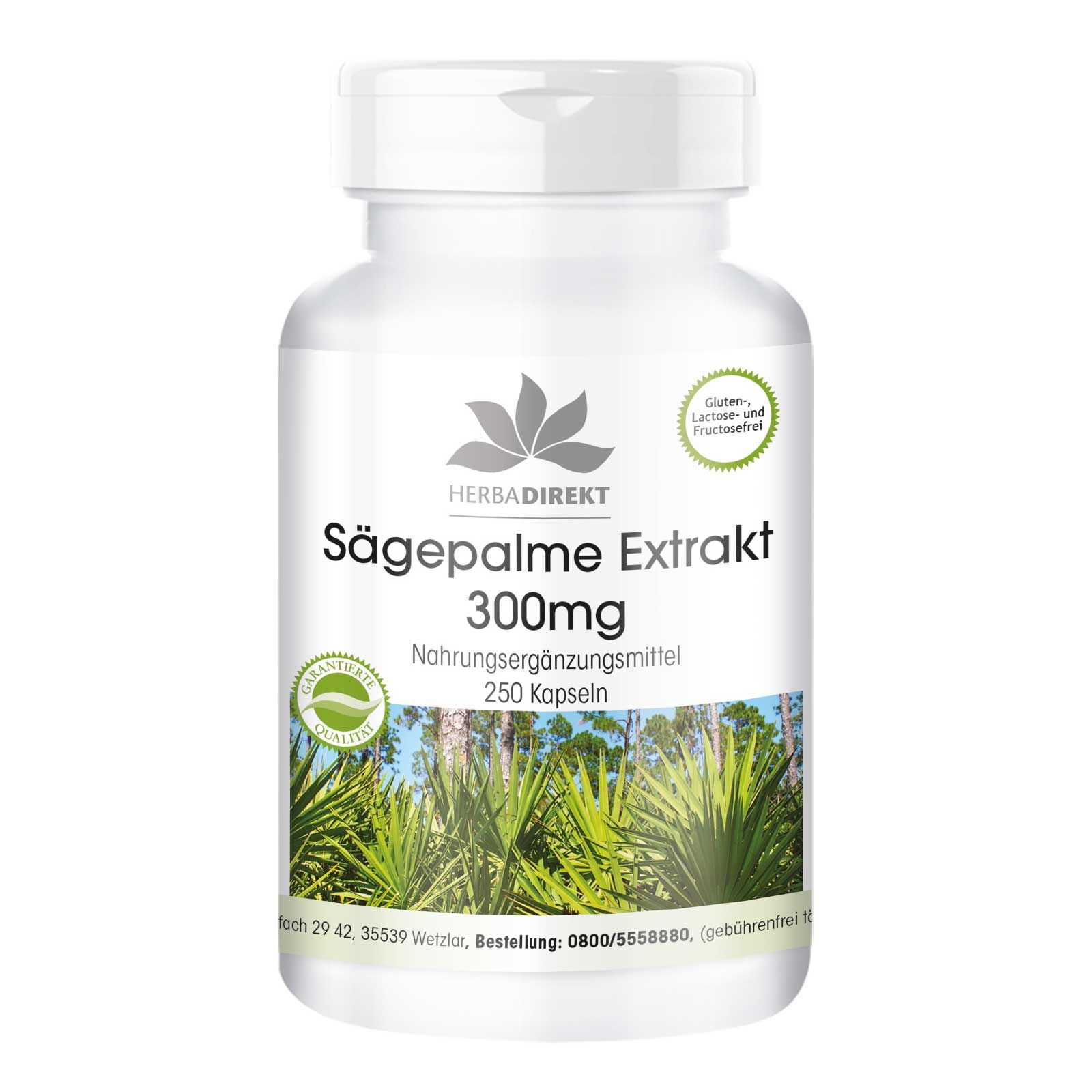 Witte pilfles met etiket. Opschrift: Sägepalme Extrakt 300mg, 250 capsules. Logo: Herbadirekt. Glutenvrij, lactosevrij en fruitvrij.