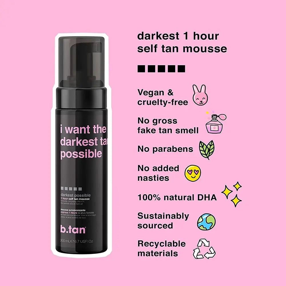 Flacon noir "I want the darkest tan possible". Vegan, sans cruauté, sans parabènes. Fond rose avec icônes.